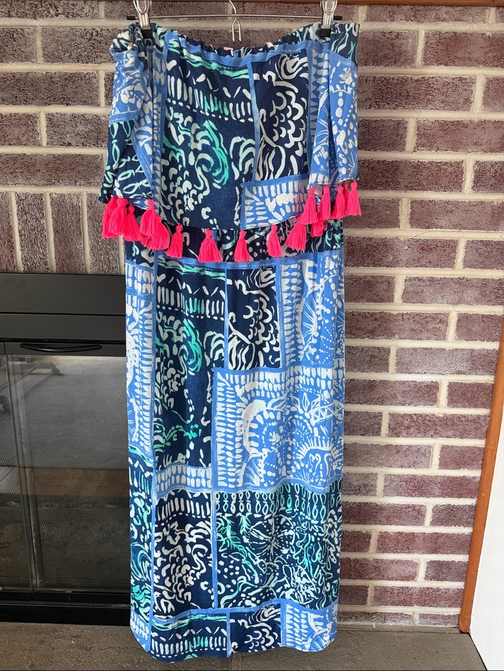 Lilly Pulitzer Blue Patchwork Dress with Pink Tassels